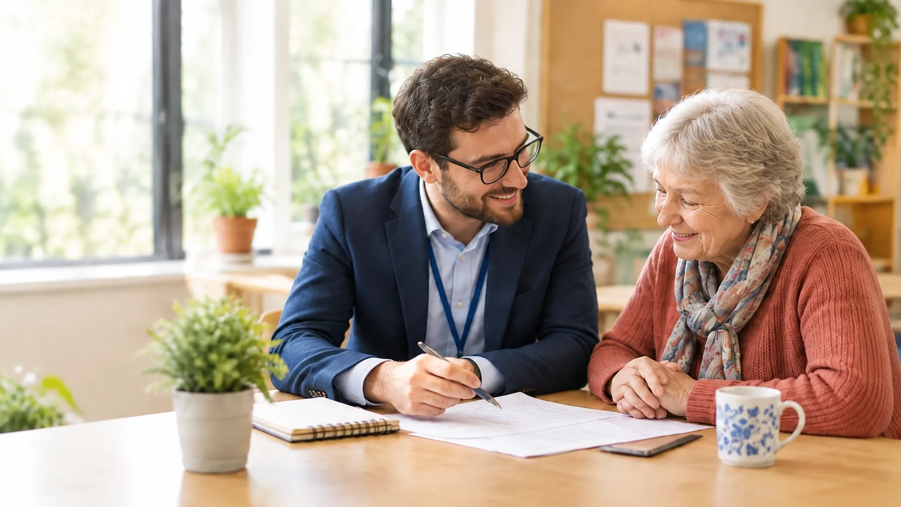 A legal adviser sitting beside an older client as they review documents in a bright community office